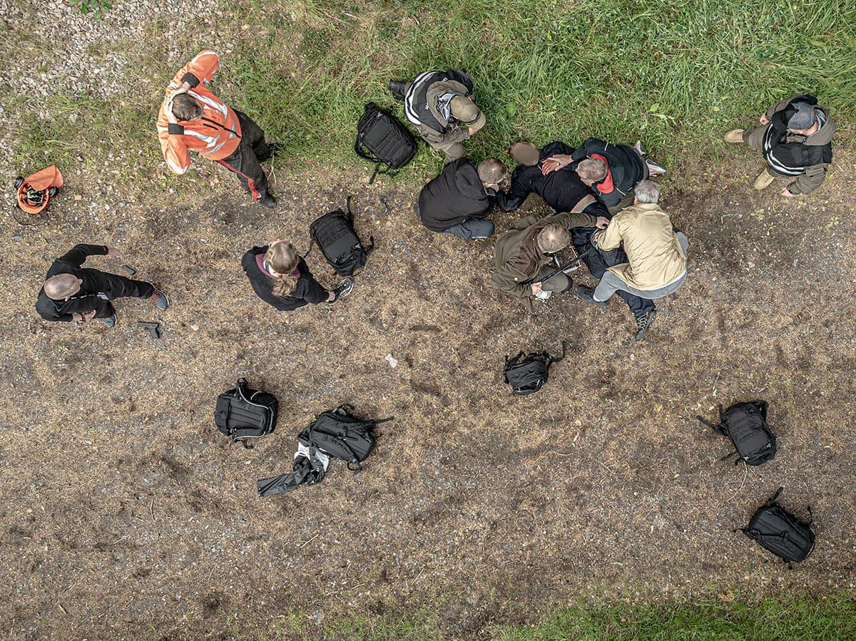 Aerial view of casualty care during an exercise