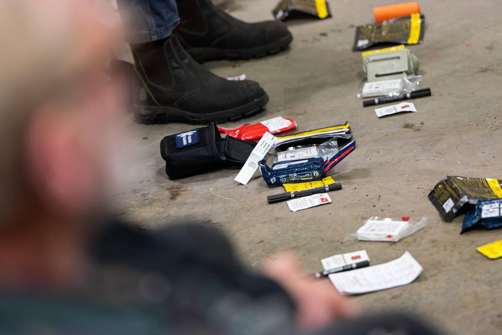 Trauma dressings and medical supplies laid out during training